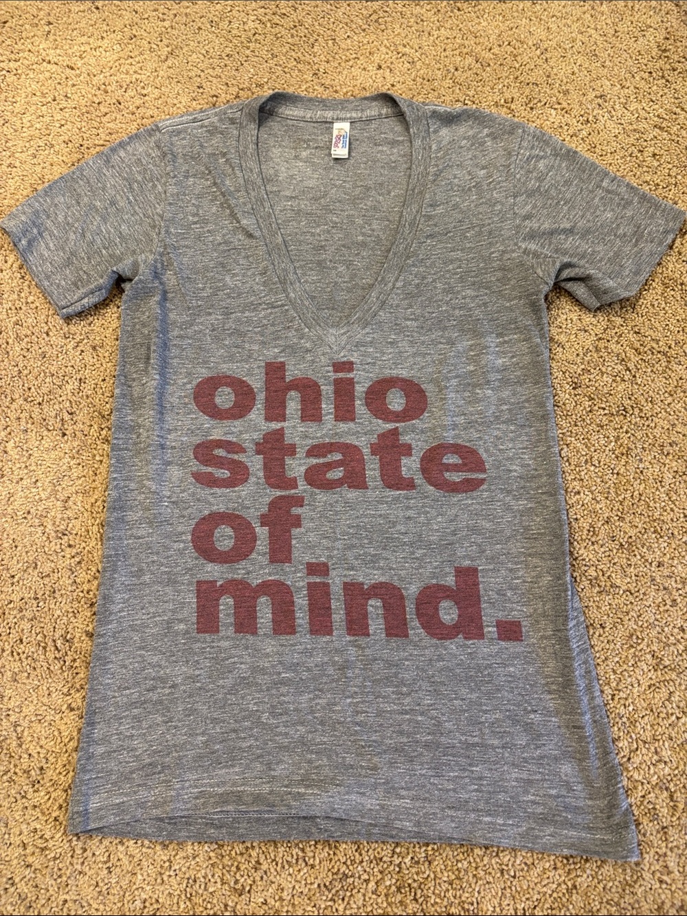American Apparel Gray V-Neck Tee with Maroon, The Ohio State, size XS